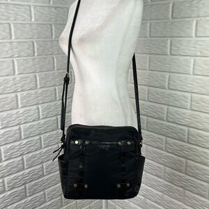 TUTILO New York Black Nylon and Croc Embossed Vegan Leather Trim Crossbody Bag